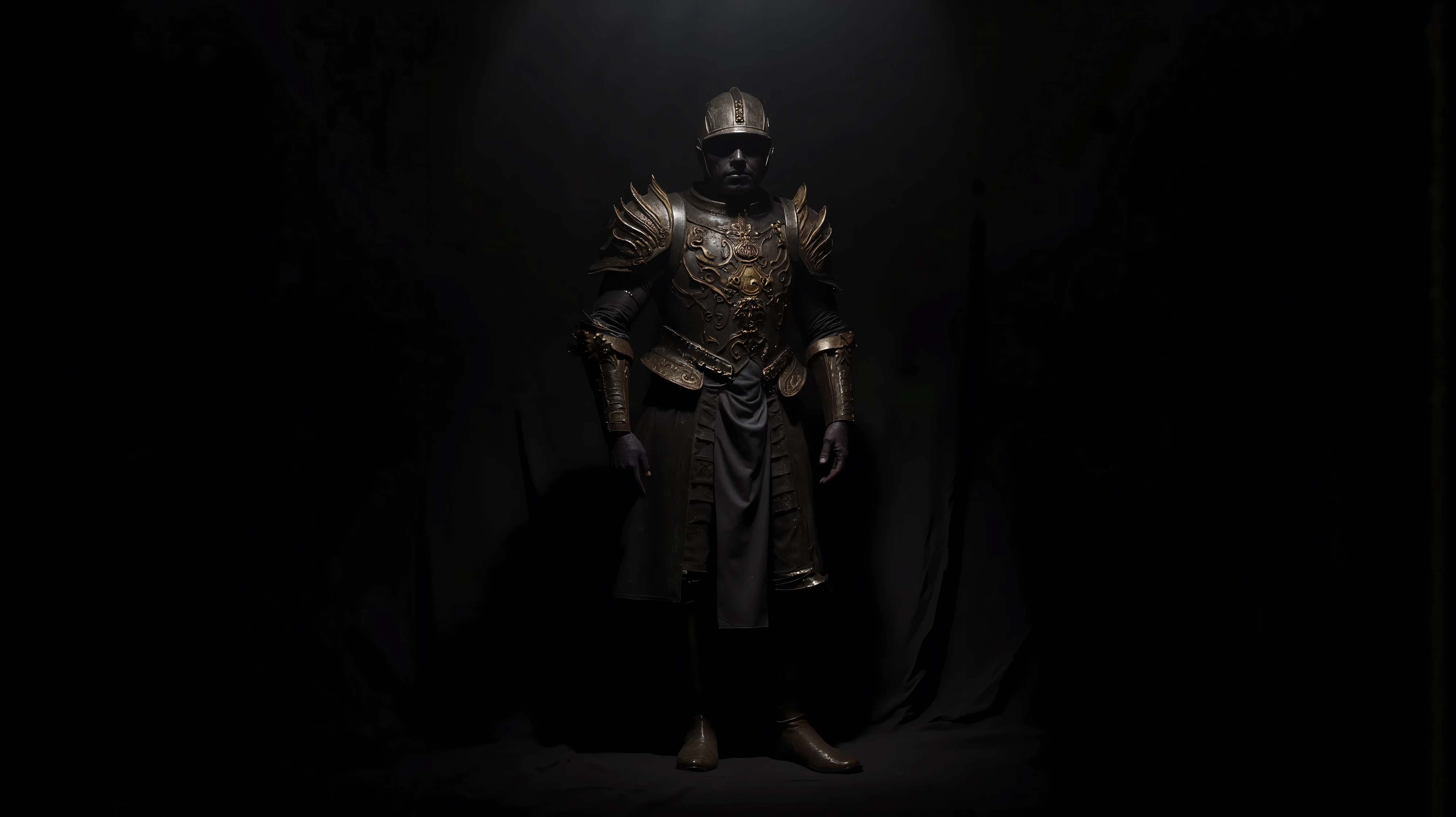 ornate medieval armor, The body is textured with metal pipes and gold circuits,Intricate silver carvings, dark metallic tones, Detailed shoulder pads, Meticulously designed breastplate design, segmented armored skirt, textured fabric elements, Armored Boots , standing position, front view, Studio lighting with soft shadows, Dramatic and formal atmosphere, High detail and clear focus, Fine craftsmanship, Dramatic light shining from above, shadows enhance the texture, heroic and imposing presence., create a sense of depth and perspective, Dark Tones,Film composition ,Movie lighting ,Art by Piotr Jabłoński,drk4rt