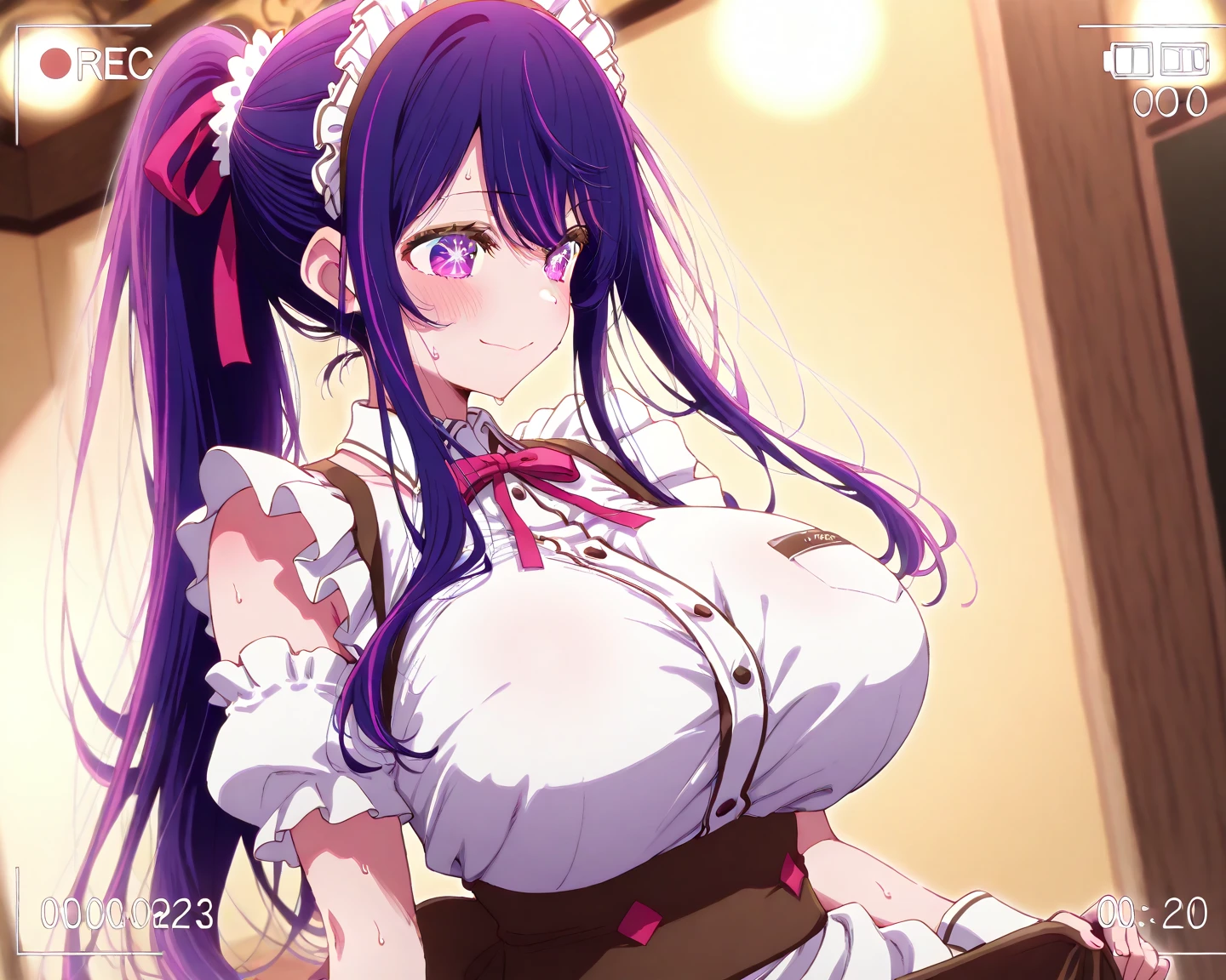 1 girl, game cg, brown short frilled dress, small apron, ((gigantic breasts)), light purple hair, long hair, french braid, purple eyes, smile, white background, own hands clasped,