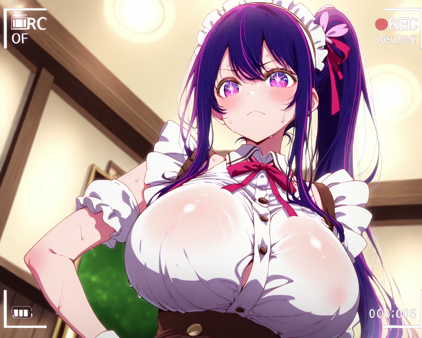 Medieval theme, Ai Hoshino, big breasts, bard, purple hair, star in the eyes, pink dress, great cleavage, pink streaks of hair
