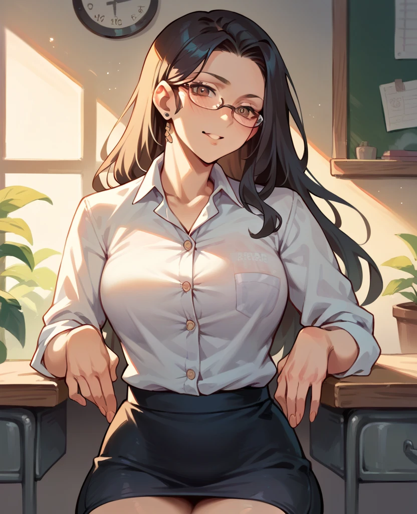 ((mature woman), blush, skin fair, Button-down shirt, Long pencil skirt, wearing glasses, braided black hair, beautiful face, 가슴, sensuous, (expression of pleasure), pose sexy, highest quallity,sitting pose, (fund: Sitting on the office table)