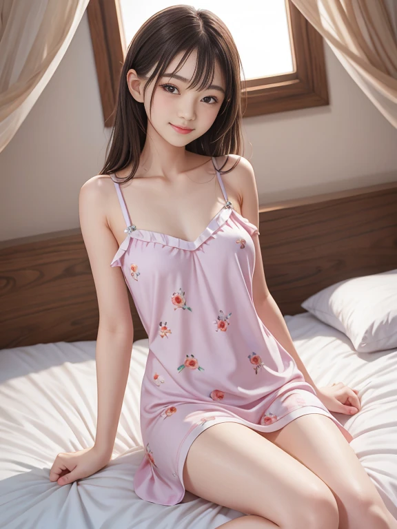 Sleeping Girl, 20 years old, Realistic,Wearing a long red camisole,Open legs, Expressions of satisfaction and relief, Brown hair. Pink bed theme and some cute stuffed animals on the bed,An ultra-high picture quality,high-detail,Get up,