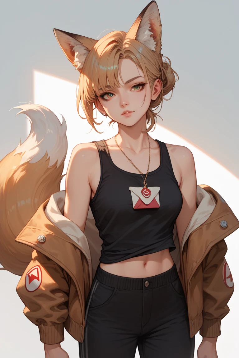 ((Masterpiece))), (((Best Quality))), Ultra High Resolution, Caustics, Detailed, (Beautiful Detailed Eyes),Perfect Anatomy, Eyeliner, nsfw, (Fox ears), multicolor hair ,Facial details, Red Eyeshadow, Large Breasts, pantyhose, solo, short top, sports Shorts, black tight, tight stripe , long socks, large earrings, detailed pupil, choker with locker, ((black crop top, thin material, mini skirt)), open waist, (perfect symmetrical body)