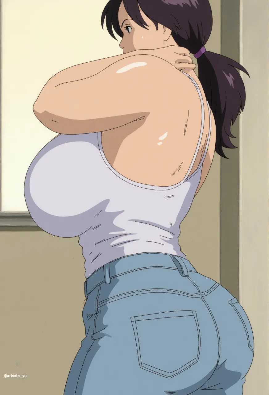 makima, One Woman, ((Slut))), Long Hair, Swollen lips, Painted lips, Thick lips, Wide Hips, Thick thighs, Huge Ass, Huge huge natural breasts, Cleavage, Mature Mom, Bikini top only,Denim shorts