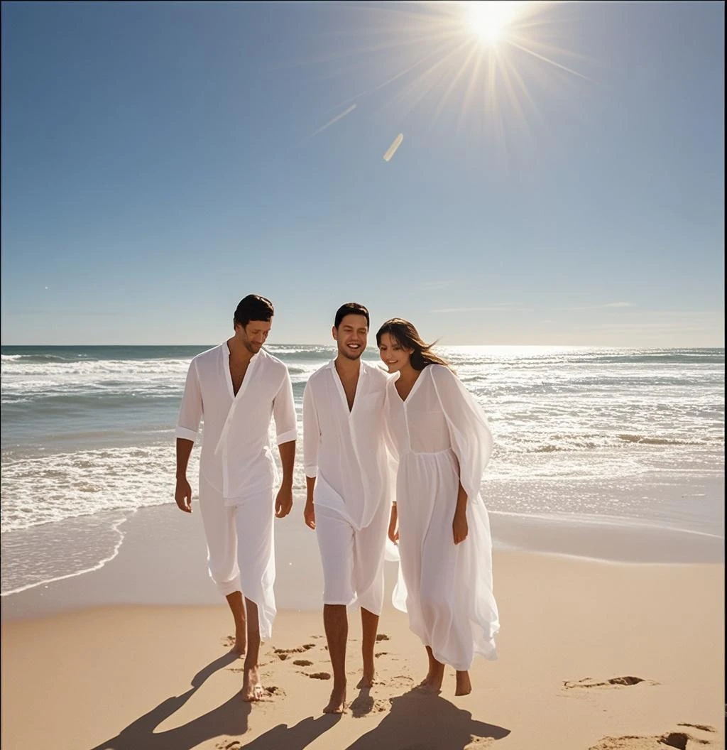 A couple is on a beach, o homem pousando para uma foto, e uma bela garota que encanta seus olhos. The weather is sunny and the tide is calm. A cena ganha foco no casal, who are happy, They are dressed in white and blue shirts with HorizonHues written on them.. Imagem Realista