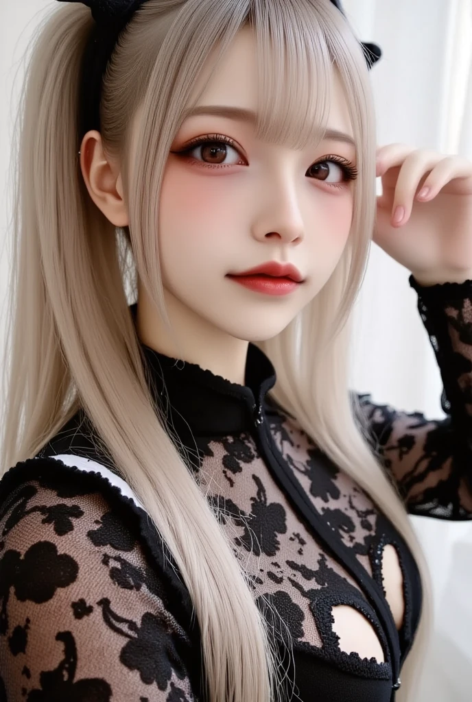 whole body、blush,Long white hair,(8k, RAW Photos, Highest quality, The pieces fly:1.2), (reality, Realistic:1.4), (非常に詳細な8k壁紙), Sharp focus, Depth of written border, Cinema Lighting, Soft Light, Detailed beauty eyes,Asymmetrical bangs, Glowing Skin, Highly detailed skin ,High resolution, Attention to detail, Detailed hairstyle, Detailed beauty face, Hyper Real, Perfect limbs, Perfect Anatomy ,1 Japanese girl,Famous Japanese Idols, Perfect female body,A shy smile,Long eyelashes,double eyelid,Look straight here,Off the shoulder,(White gothic punk lolita fashion),,Street,Stand up straight and face me,,look straight at me,,Small breasts