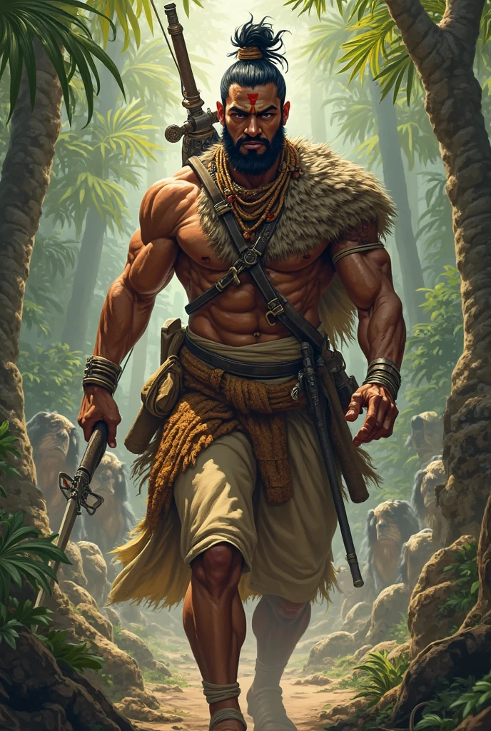 Strong Ogun Guerreo dressed in green and black ankle-length pants with African necklaces with a machete in his left hand and snail bracelets in a jungle