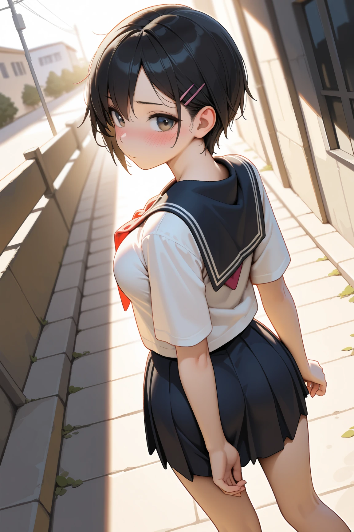 Short black hair、Beautiful girl、Sailor suit、High resolution、high resolution、Butt、Skirt flip
