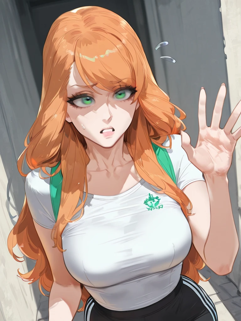 score_9, score_8_up, score_7_up, 1girl, solo, Shaggy Rogers, female focus, female body,brown hair, long hair, green shirt, brown pants, standing, stiff hands, cleavage, nervous, oversized shirt, oversized pants, looking down, inside a room, abandoned room, dark room, night