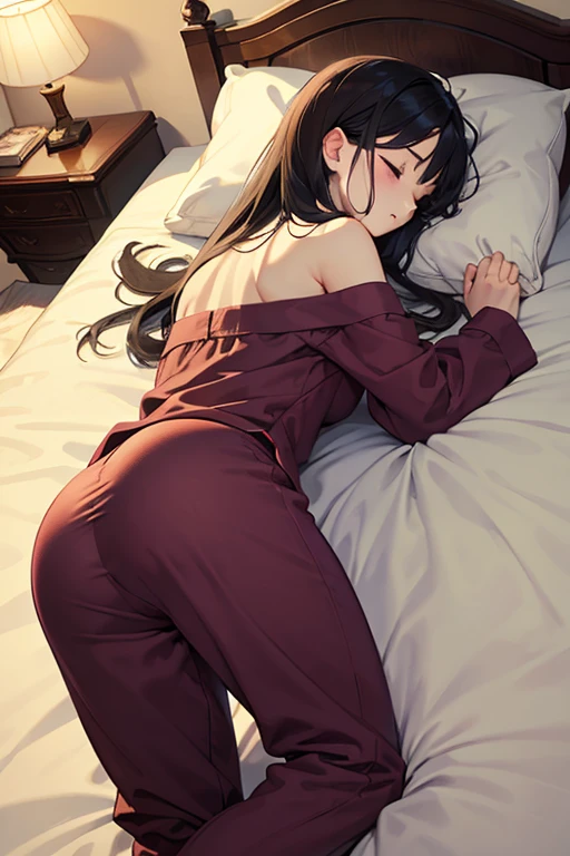 Cowgirl, gray shirt, open chest, gray panty, turn back, show her butt, sleep on bed,