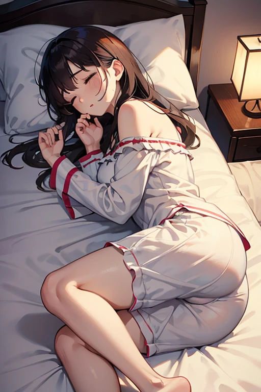 a one (brown bob hair woman, in a cute pajamas), closed eyes:1.2, lie on bed, in the bedroom, soft light, in midnight.masterpiece, beautiful detailed grow.