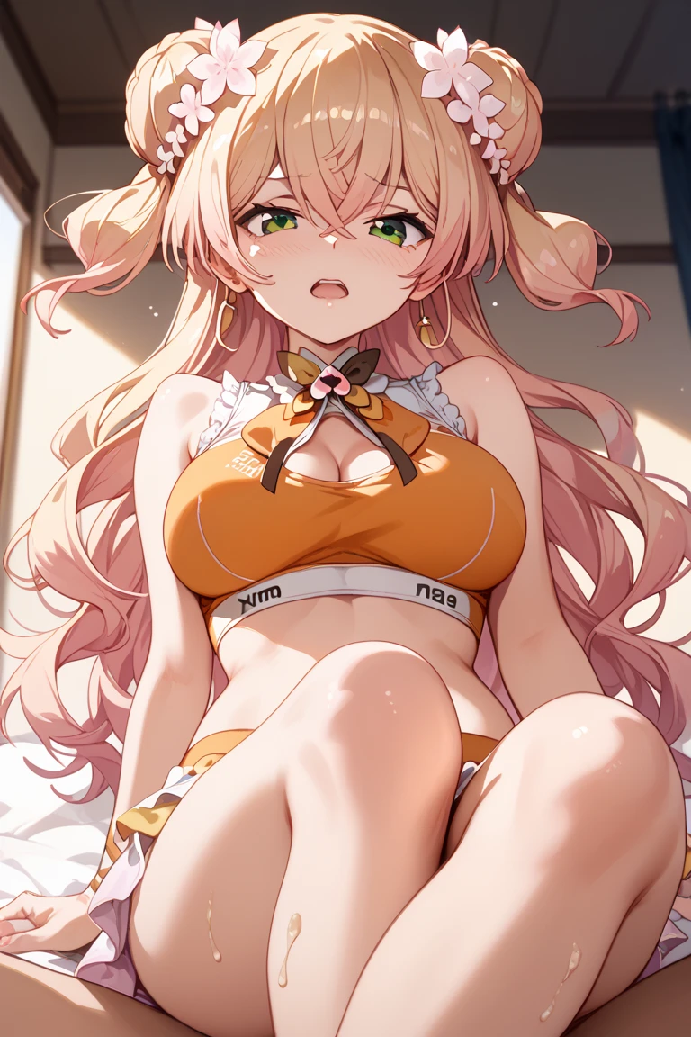 1 girl, alone, mukuro Hoshimiya, interior, bedroom, room, looking at viewer, (masterpiece: 1.2), best quality, high resolution, unity 8k wallpaper, (artwork: 0.8), (perfect hands, perfect anatomy) , sitting on bed, full body, (ubor :1.5), shiny hair, shiny skin, mukuro hoshimiya, yellow eyes, very long hair, blonde hair, double bun, hair between eyes, medium breasts, pink lingerie, pink bra with lace, pink thong with lace, facing the viewer, from the front, pov (from below)