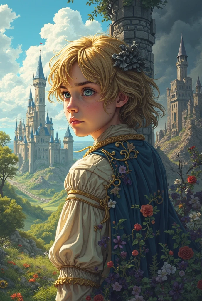 center image: The Child Prince Age: Approximately 10-.
body hair: long and wavy.
tails: Golden and simple, resting on the head.
expression: Contemplative or slightly sad.
Position: slightly in profile, looking at the prosperous side of the kingdom, but with part of the face visible to the viewer.
split bottom: Prosperous Kingdom vs. Devastated Kingdom Prosperous Side:
elements: castles, tall towers, green landscapes with trees and flowers, and a clear blue sky.
colors: Vibrant and hot, like green, blue and gold.
Devastated Side:
elements: Castle ruins, burnt or twisted trees, debris and scattered stones, and a dark, cloudy sky.
colors: Dark and cold tones, like gray, black and dark blue.
styled: Dark and Epic Lighting: subtle, highlighting the prince and the crown, creating an interesting contrast with the background.
texturas: Add stone or weathered metal textures for depth.
Finishing:
Balancing: The background should not obscure the figure of the prince., maintaining a balance between all elements.
The transition between the prosperous and devastated side can be done with a disintegration or cracking effect..