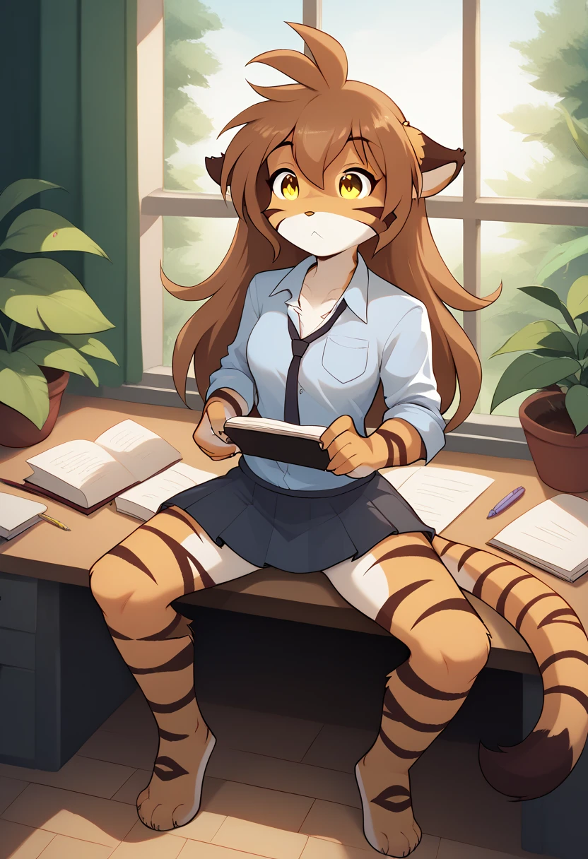 floratwokinds, flora, twokinds, by tom_fischbach, furry tiger, furry, tiger fur, brown hair, yellow eyes, tail, sitting in office cubicle, desk, pencil skirt, panties pulled down, sitting in office chair, masturbating with dildo, dildo in butt, covering mouth, blushing, shivering, pussy , squirting pussy juice, orgasm, view from above, looking at viewer, scared, embarrassed, alarmed