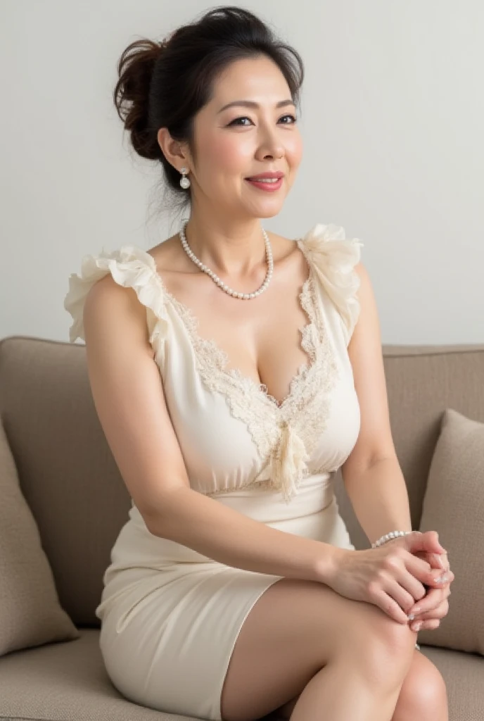 Browsing Caution, Beautiful mature Japanese woman aged 55, Married women, ring, Fine Lines, Long eyelashes, Low Ponytail, Red lipstick, Large Breasts,  Pearl Necklace, Earrings, Red lipstick, Straw hat,  Sexy Dress, Crossing your legs, Panty shot, Drinking wine