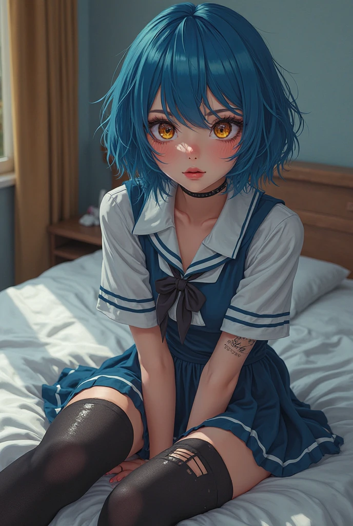Anime girl lying on bed，Blue hair and blue eyes, digital art by Shitao, Pisif, Digital art, Anime style 8K, Anime style. 8K, anime styled 3d, 3 d anime realistic, render of a cute 3d anime girl, Realistic anime 3 D style, mikudayo, 3d anime girl, photorealistic anime girl rendering，Realistic cinematic effects， --auto