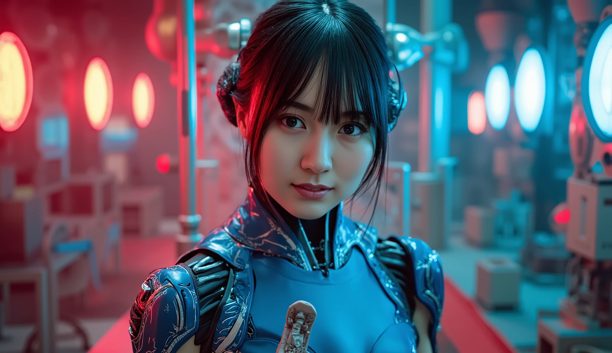 Android Girl, Highest Quality, masterpiece, Ultra High Definition, ((Photorealistic: 1.4), RAW photos , one cyberpunk girl , Glossy Skin, 1 Mechanical Girl, (super realistic details)), Mechanical Hands , tube connected to mechanical parts, mechanical vertebrae attached to the spine, mechanical cervical attachment attached to the neck, wires and cables connected to their heads, Evangelion, Combat Team, small glowing LED lamp , global lighting, Deep Shadow, octane rendering, 8k, ultra sharp, metal, Intricate Ornament Details , Baroque Details , High intricate detail, Realistic Light, CG Trend, Point at the camera, Neon Details, ( Android Factory on Background ), art:H.R. 40K armor connected to Giger and Alphonse Mucha ., Soft large , Caucasian girl's skin where the area around her navel is completely exposed, Very realistic human, perfect round iris , Sparkling Eyes, Learn more about their amazing pupils IRIs , Caucasian girl, slightly, face, A very human touch, Real areola, (Read the specific characteristics of a, I can see raw skin ), crack, girl, full-body lesbian, 8 heads, 丸いface, (not crushing eyes), Rocket-shaped G-cup breasts, Chest, erect nipples, ((cameras in a holiday park)),