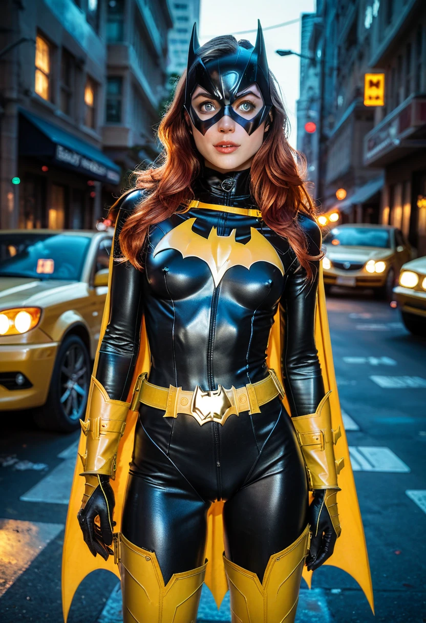 babs, red hair, blue eyes, black bodysuit, belt, cape, gloves, looking at viewer, smiling, happy,
outside, apartment roof, cityscape, night, moon, extreme detail, hdr, beautiful quality, Breast Grabing Pose