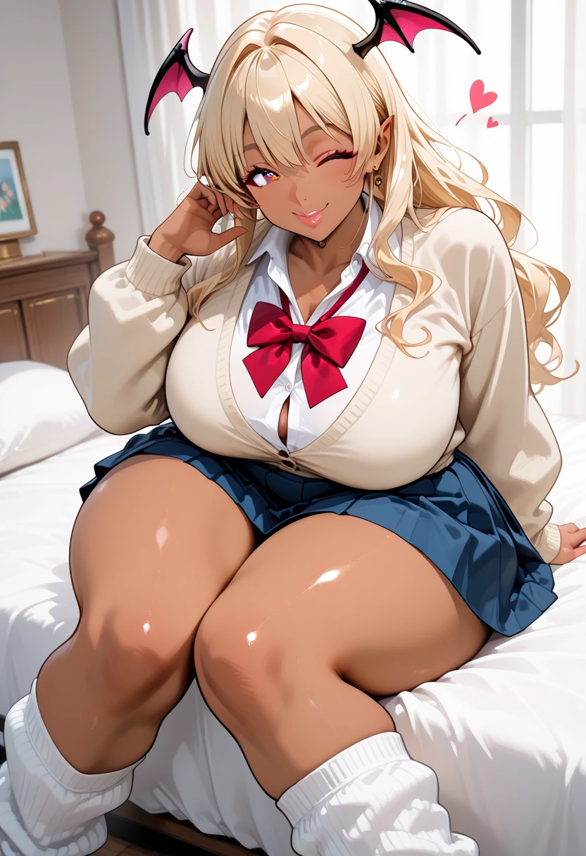 nsfw,superrealistic anime,masterpiece,ultra detailed,8k,white dress shirt,school cardigan,(short plaid pleated skirt),curvy body,curvy thighs,(tanned skin:1.1),(japanese gyaru),seductive cute face,silver panties,lying on back on messy bed,knees up,silly,painted toe-nails,makeup,at messy private room,left lingeries on bed,wardrobe,desk,crotch focus,frontshot,