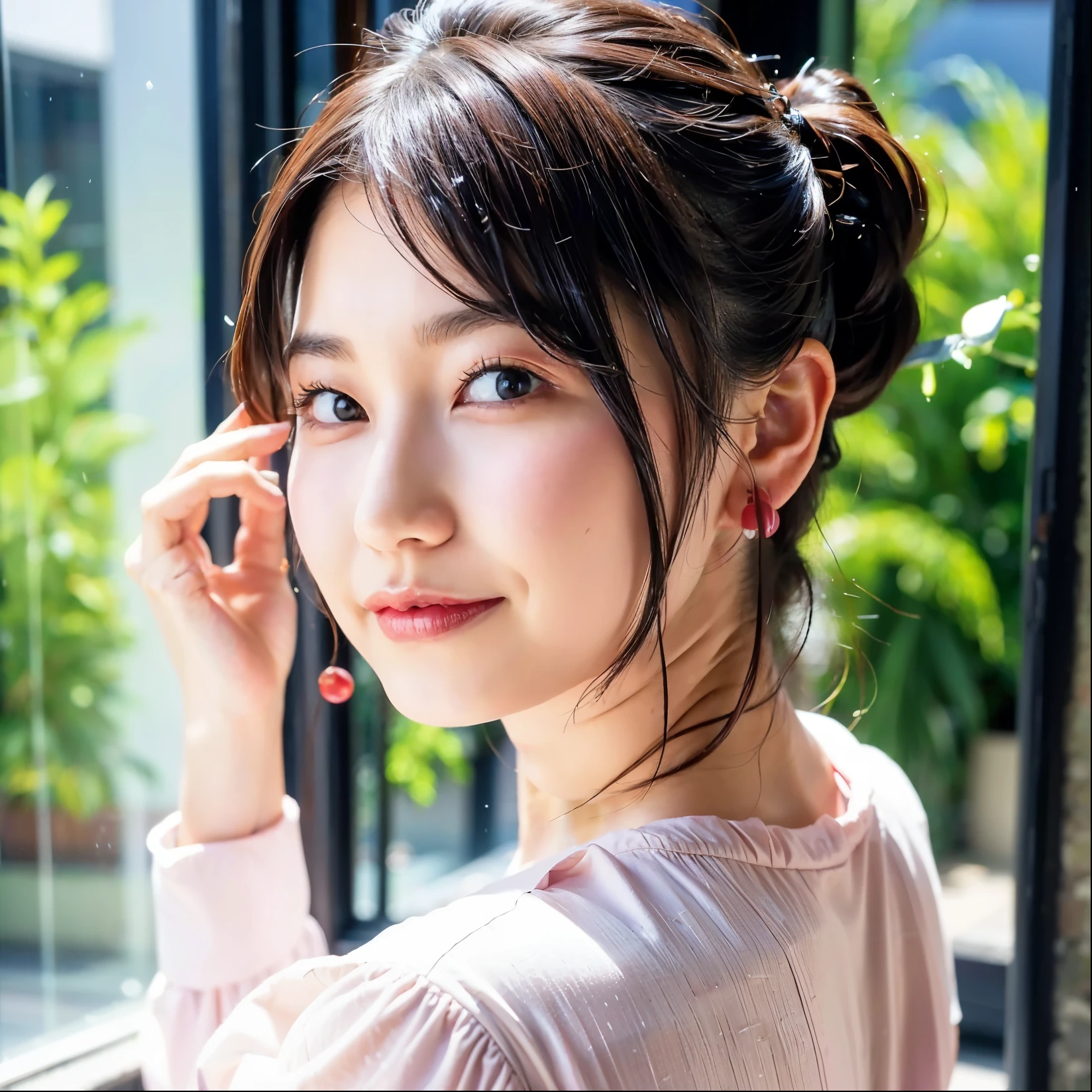 （viewers）,   (Lola：Amamiya Sky) （1 person，solo）（Brown Hair）（short ponytail hairstyle 1:2）（）（earrings)（）（）（hotel bathroom）（Beautiful breasts 1:2）（リアルを追求したAmamiya Sky）（long sleeve pink nightgown 1:2）（Red Lip）（Kisses to the camera）（ look back 1:2）（My hair is soaked with water 1:2）（I take a shower off my head and get drenched 1:2）