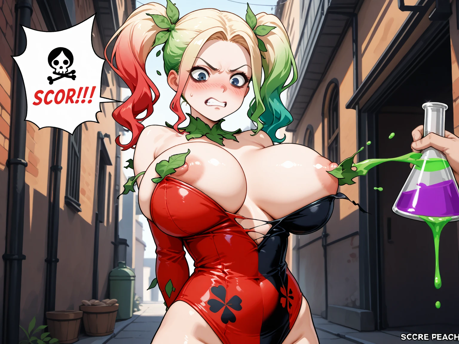 ((best quality)), ((masterpiece)), (detailed), ((normal anatomy)), beautiful eye detail, perfect face, high detail, charismatic, full body, realistic, cinematic lighting, defined body, super detail, high realism, beautiful clown girl with huge enormous massive gigantic perfect perky round breasts, wearing a tiny green pleated mini-skirt with her vagina showing, face covered in heavy white clown make-up, long bright green hair and sexy eyes, very slim build, long legs