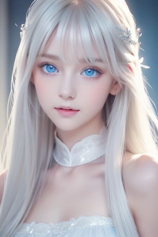 Realistic,masterpiece, best quality, (realistic,photo-realistic:1.4), (RAW photo:1.2),extremely detailed CG unity 8k wallpaper, delicate and beautiful, amazing,finely detail, official art, absurdres, incredibly absurdres, huge filesize, ultra-detailed,extremely detailed eyes and face, light on face,sinon,little smile,(white hair:1.3),long hair,(dress:1.5),(medium breast:1.3),nature town background,ponytail,blue eyes,wearing black crown,kiana herrscher of finality,black flower,(cat ears:1.3)