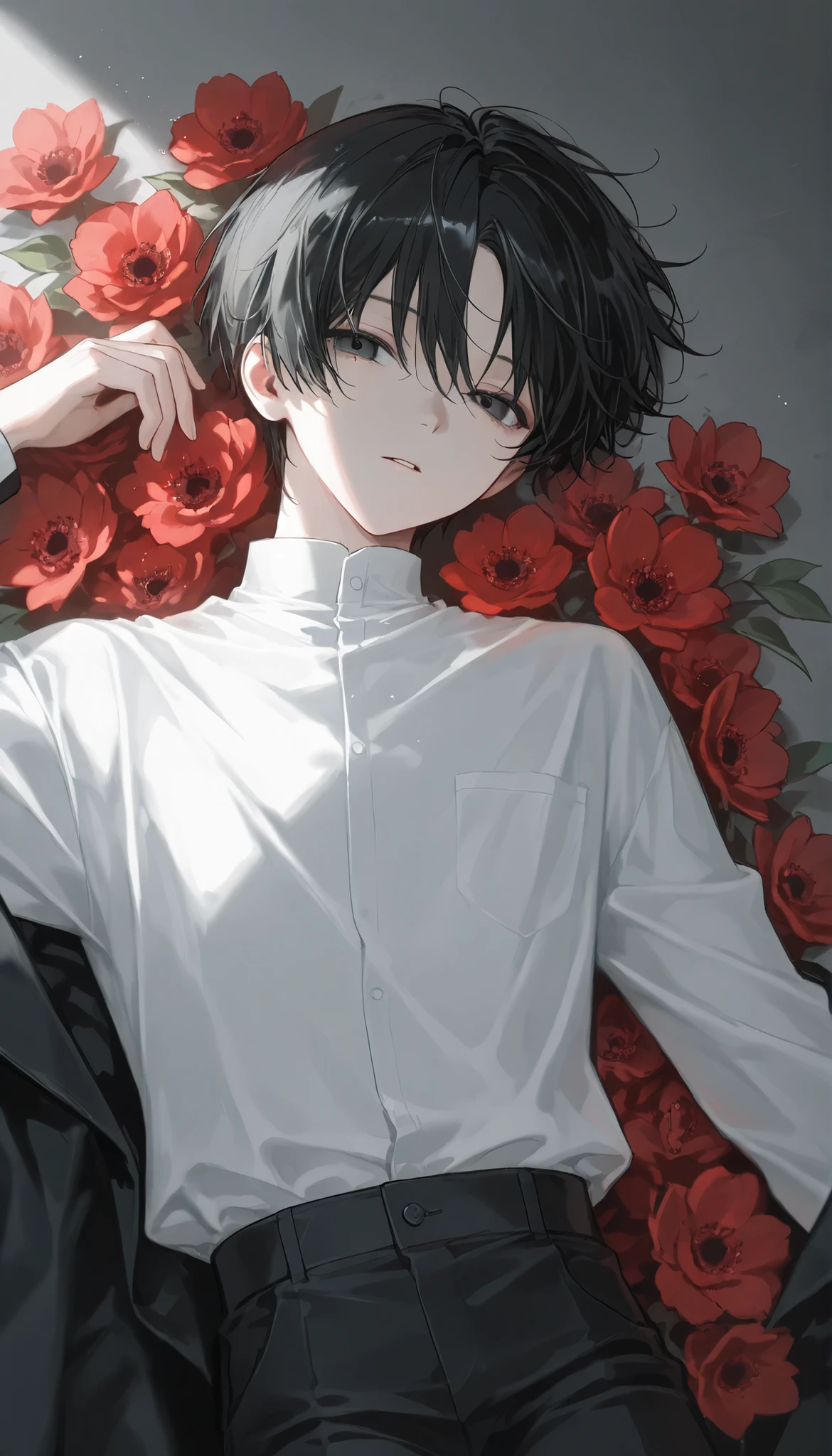 (1 boy with short black hair:1.4),Red flowers lie in many coffins、 white shirt、black pants、moonlight