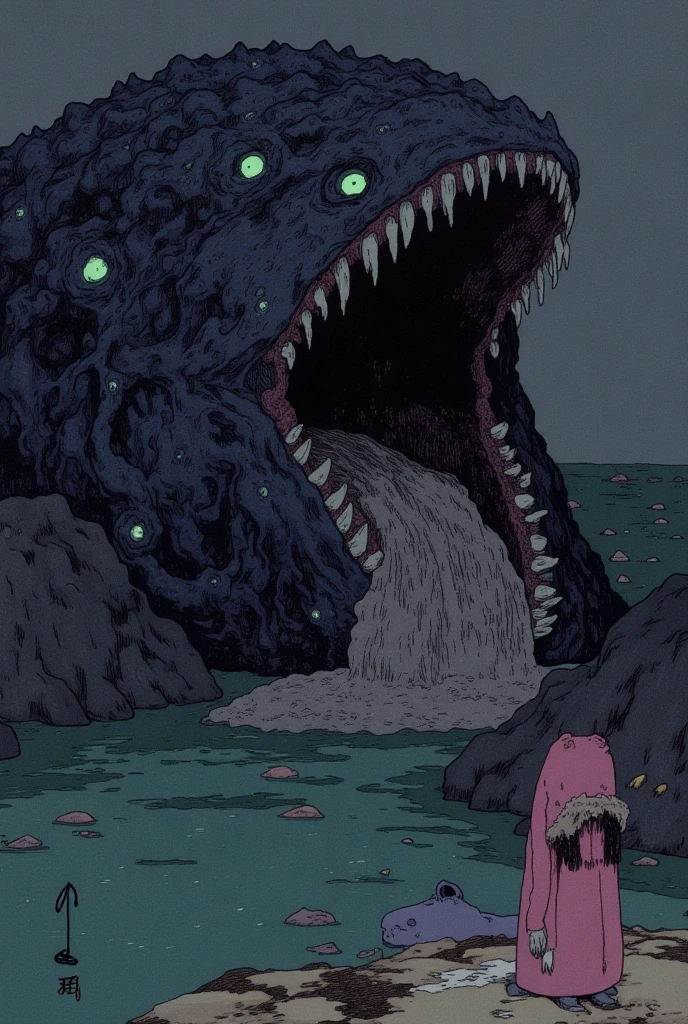 Gloomy naked mermaid, emerging from a cave at the bottom of the sea, shells with black pearls, blood moon
