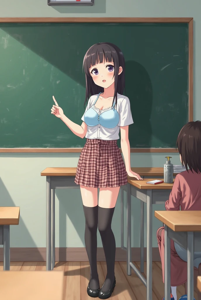 1.woman embarrassed blush smiling small breasts short hair naked nipples black hair standing barefoot classroom blackboard white steam  (Surrounded by children:1.5) 