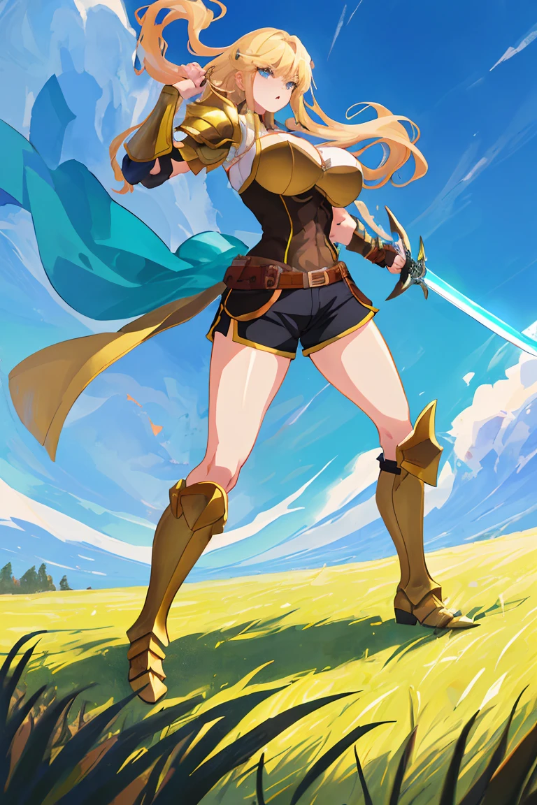 (((8k,Best Quality)), Masterpiece, outdoor, girl, holding sword, dynamic pose, gauntlet, slash effect, bikini, flat chest, large breast, (((8k,Best Quality)), Masterpiece, outdoor, girl, holding sword, dynamic pose, gauntlet, bikini, flat chest, large breast, full body, meadow, hills, meadow, mountain hills, transparent background,