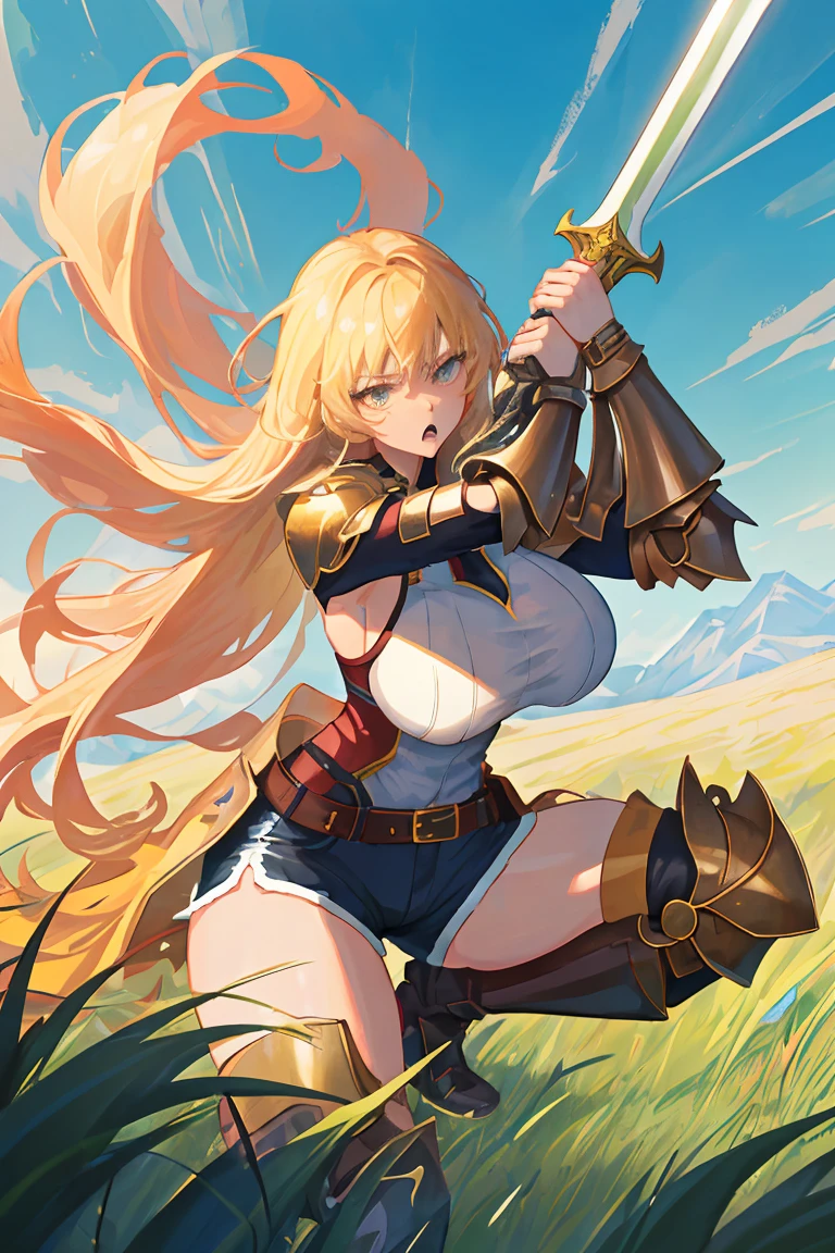 absurderes, hight resolution, ultra-detailliert, masutepiece, cel shading, (bold outline):1.2, flat-colors, sharp shadows, graphic style, manga influence, Clean lineart
break (1girl in,Solo), (Full body:1.1), Gold eyes, intricate hair, Long wavy hair, Angry face, Warrior Cuirus
break (open stance, Battle Pose, actionpose:1.2), (Complex background:1.1), (Effects of dust, Dessert effect, Sandstorm effects:1.4), (In the shower of falling rocks, Earth properties, earthquakes:1.2), (Meteor Strike:1.2), (Gaia Shake:1.2)
BREAK