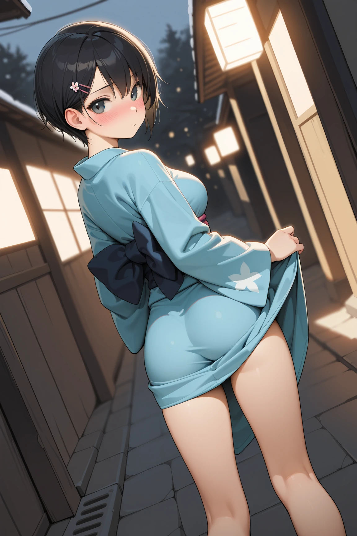 Yukata、Close contact to the body、Alluring、, drunk, modern, from behind, Canon, masterpiece, anatomically correct, super detail, high details, high quality, 16k