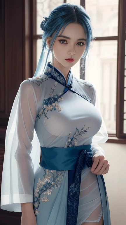 (Hyperrealistic), (illustration), (high resolution), (8K), (Extremely detailed), (Best Illustration), (Beautiful detailed eyes), (Best quality), (Ultra-detailed), (Masterpiece), (the wallpaper), (Photorealistic), (Natural light), (rim lit), (Detailed face), (Highly detailed realistic skin textures), (Anatomically correct), (Solo), (1 girl), (high detailed realistic hair), (Blue hair:1.2), spiked hair, (Heterochromic eyes), (detailed green eyes), (Small moles under the eyes), (Realistic big breasts:1.5), (Exposed breasts:1.3), (Long legs), (Slender abs), (Dynamic pose), (Closed mouth:1.3), (traditional Hanfu attire), (Sheer clothes:1.5), NSFW,nakeness，Bare lower body，Bare breasts，Camel toes，比基尼