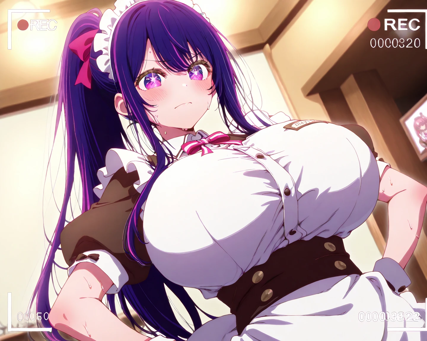 Shot in the changing room、Photograph the whole body、Nagisa Kubo, One girl,Purple Hair,Purple eyes,Big Breasts、Cleavage、black and white maid outfit