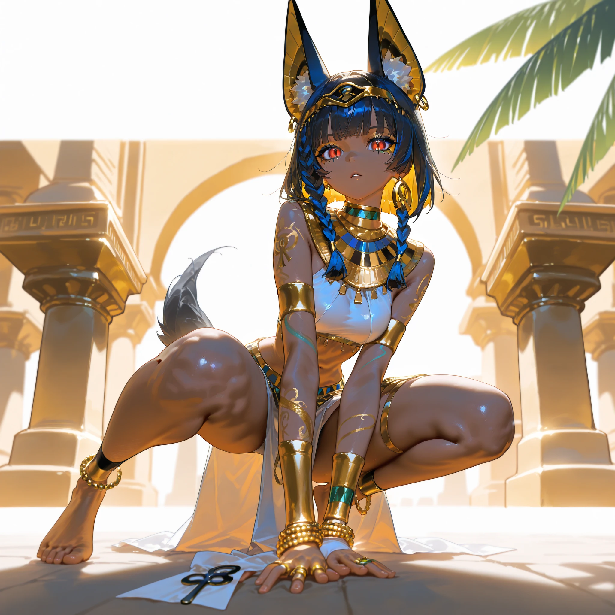 hairy chibi Bastet girl , Body Type , round body , round face , Hair ties , innocent big smile , Ancient Egyptian neat clothing , in the ancient Egypt , dynamic childish Running around action , (Several adult model body style servants:1.5) , Rituals , on the altar