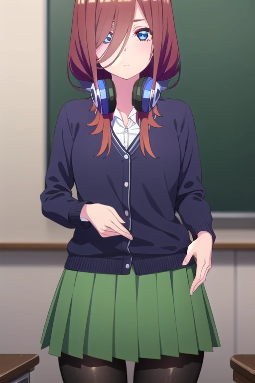 mikunakano, miku nakano, long hair, bangs, blue eyes, brown hair, shirt, hair between eyes, headphones, cardigan, headphones around neck,
BREAK skirt, shirt, long sleeves, white shirt, pantyhose, pleated skirt, black pantyhose, cardigan, green skirt, blue cardigan,
BREAK indoors, classroom,
BREAK looking at viewer,
BREAK (masterpiece:1.2), best quality, high resolution, unity 8k wallpaper, (illustration:0.8), (beautiful detailed eyes:1.6), extremely detailed face, perfect lighting, extremely detailed CG, (perfect hands, perfect anatomy),