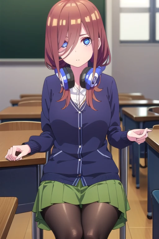 Mikunakano, Miku Nakano, Long Hair, bangs, blue eyes, Brown Hair, shirt, Hair between the eyes, Headphones around neck,smile、happy smile, smile, Open your mouth,Big Breasts,Japanese schoolgirl(Black Sailor Suit),Short sleeve,Black pleated skirt,Black pantyhose,Brown Loafers,Daytime,Clear skies,sitting cross-legged on a chair,There is food on the table,whole bodyがイラストに入るように,Looking down from above,
break indoors, School,classroom,
break looking at viewer, whole body,
break (masterpiece:1.2), highest quality, High resolution, unity 8k wallpaper, (shape:0.8), (Beautiful details:1.6), Highly detailed face, Perfect lighting, Extremely detailed CG, (Perfect hands, Perfect Anatomy),