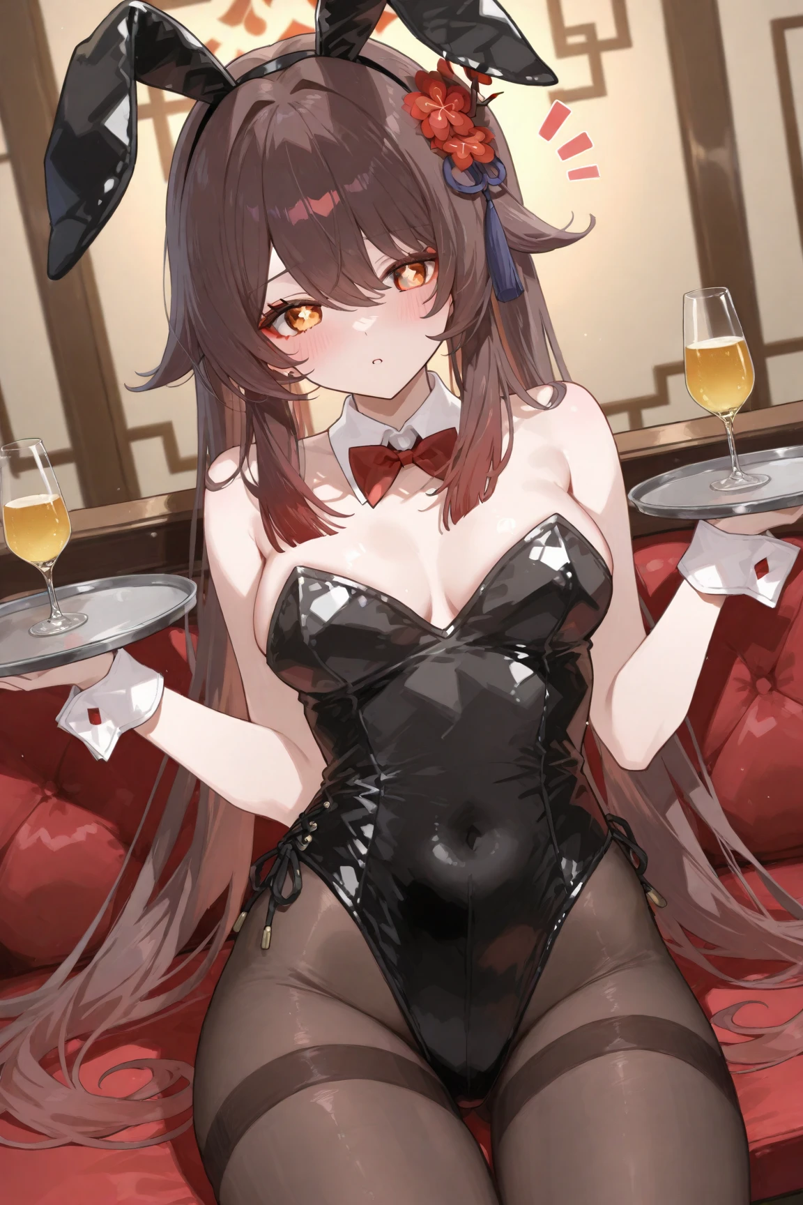 fine motion (umamusume), 1girl, solo, breasts, looking at viewer, blush, brown hair, hair ornament, thighhighs, bow, navel, holding, animal ears, green eyes, tail, yellow eyes, thighs, multicolored hair, small breasts, alternate costume, black thighhighs, indoors, bowtie, black footwear, high heels, leotard, cup, wrist cuffs, strapless, detached collar, highleg, playboy bunny, horse ears, horse girl, black leotard, horse tail, alcohol, drinking glass, tray, folded ponytail, holding tray, clover hair ornament, nontraditional playboy bunny