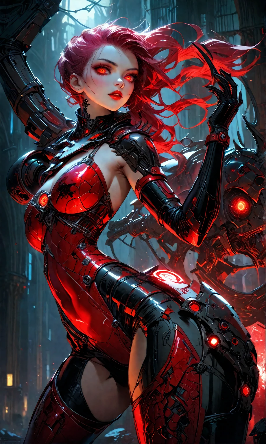 (beautiful girl:1.25), (megan fox:1.25), (young bodybuilder girl wearing cybernetic muscle suit:1.25), carnage muscular physique, seductive face, mouth wide open carnage style, long red hair, perfect muscular body, super skinny legs, sissy, femboy, (carnage style physique)