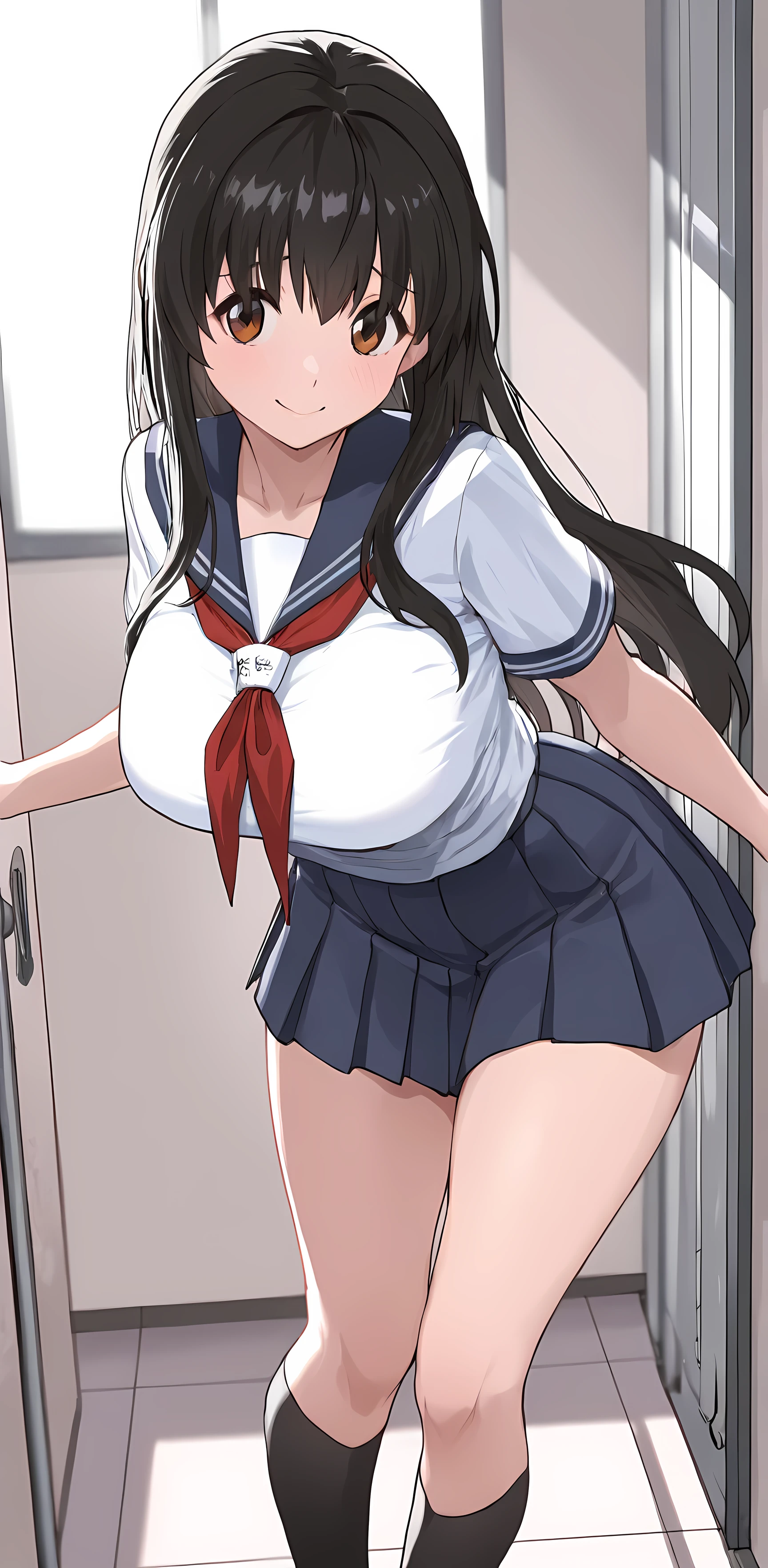 1 girl, alone, brown eyes, black hair, long hair,half up、 (white nurse uniform:1.4),hospital, hospital room、blue sky、very big breasts、expose one's chest、Bare your breasts、nipples are transparent、blush、embarrassing、scared face、in trouble、A lot of milk comes out of the nipples、Breast milk squirts out of the nipples、very short skirt、Micro Mini Skirt、The shape of a woman's private parts is clearly visible、vibrator in thighhighs、The crotch is wet with love juice、Love juice is dripping from the crotch、white pantyhose