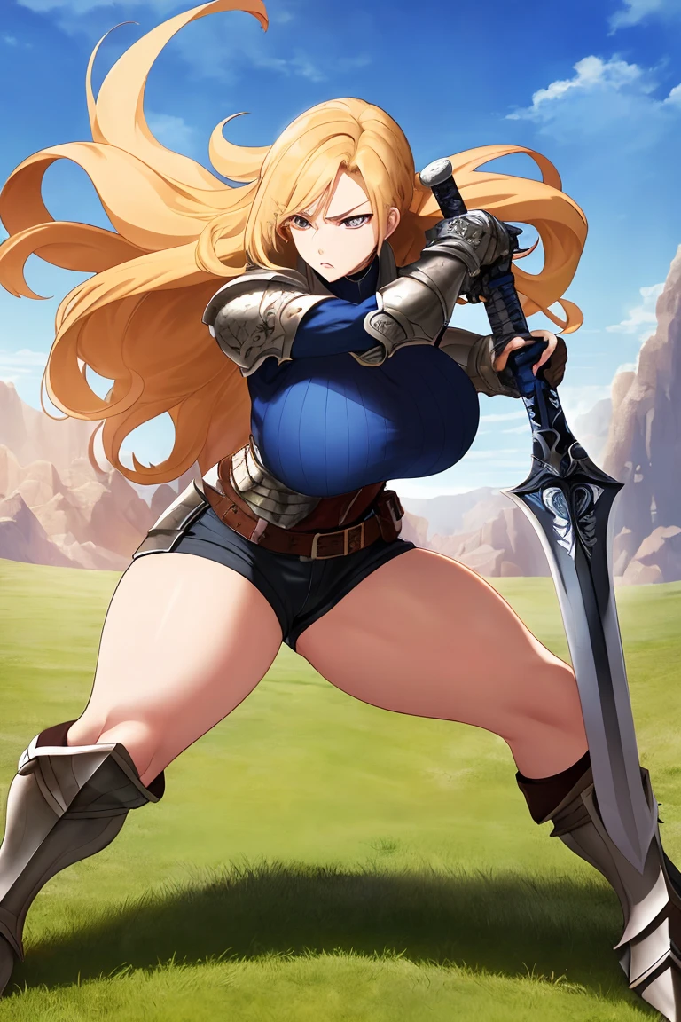 Ultra-high definition image quality、beautiful girl、Female Swordsman、Light armor、Greeboots、Long Hair、blonde、20-year-old、intimidating face、Very short tight skirt、Cowgirl、wilderness、Highest quality,Big Ass、Big Breasts、Thighs、Holy Sword Excalibur、Black panties、Jump by kicking off with your feet