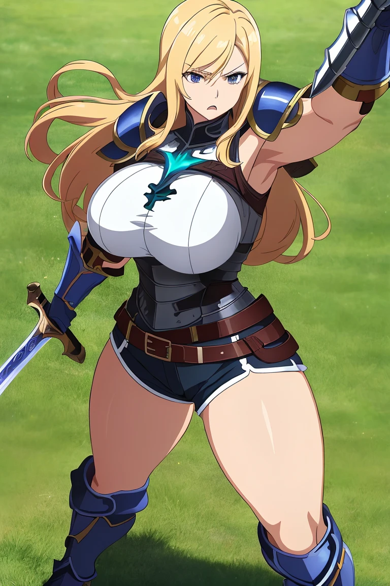 masterpiece, detailed art of beautiful warrior girl, bikini armor, leather jacket,  shiny skin, wet body, big tits, huge breasts with presence, blush, sweat, full body, sexy, provocative pose, high leg, high leg string, naked breasts, clothes dressed, boobs, side boobs, cleavage, background is dark cobblestone dungeon of an old castle, background blurred, helmet, sword, big sword, shield, big shield, ( brown eyes with a clear impact)