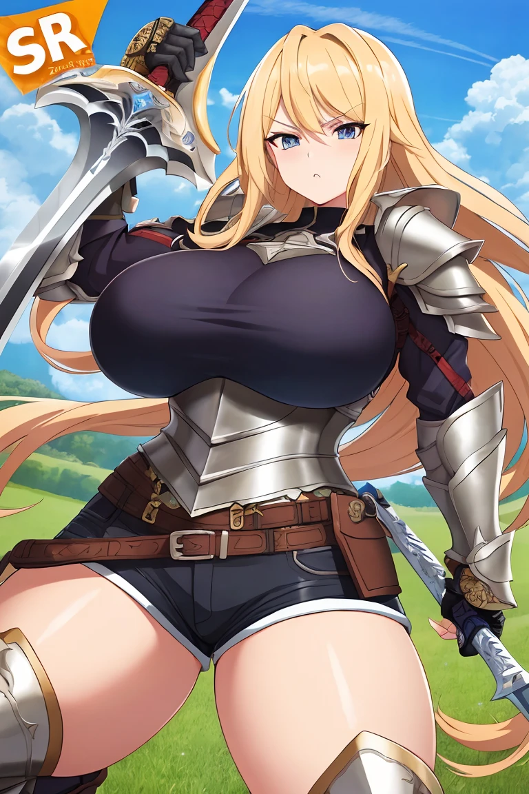 LeinaV4 masterpiece, best quality, night time, outdoors, starry sky, in the forest, moonlight, dappled moonlight, (solo, 1girl, lady:1.2), full body, looking at viewer, (huge breast shiny skin, sweat, bikini armor, loincloth, buckle, cleavage, weard, armor, shield, gauntlet, glove, blue eyes, blonde hair, shiny skin, sweat, happy smile, looking at viewer, (pov, leaning forward, bent over:1.3), (arms behind back, downblouse:1.2)