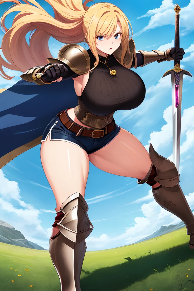 a high-quality, full-length image, with no background, of a female elf warrior, with long, straight, blonde hair tied in a ponytail, tied on top of her head, with lilac eyes, large breasts, she is happy, wearing leather armor, holding a sword and a shield, wearing leather boots with iron soles
