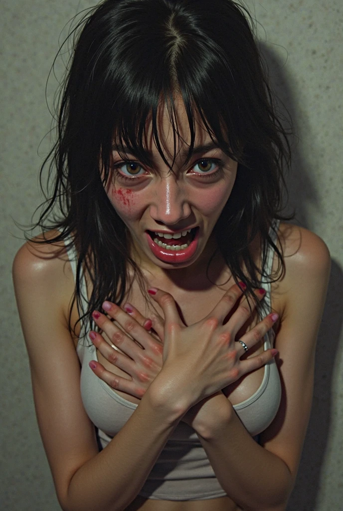 girl、sweater、upward glance、sticking out one's shoulders、cleavage、dark room、Have a booze