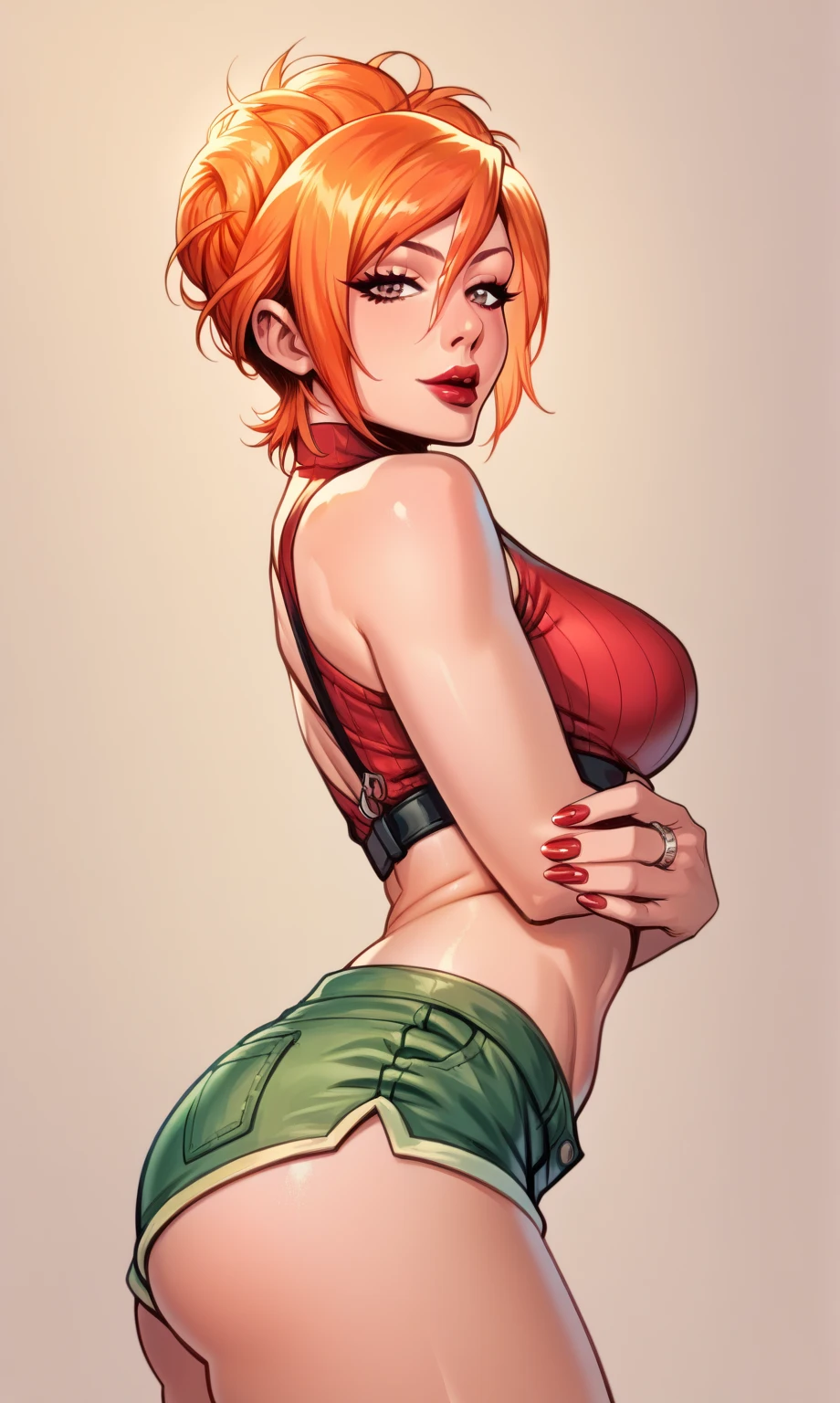 straight-on,pose,looking at viewer,solo, BREAK, 3d, 
red hair, short hair, green eyes, breasts, makeup, lipstick, red lips, large breasts, narrow waist, curvy, bob cut, lips, 
choker, jewelry, necklace, black choker, midriff, blue shirt, crop top, long sleeves, navel, black_pants, jeans, denim, wristband, 
BREAK, official art, highres, scenery, (masterpiece:1.1), (best quality,:1.1), (high quality:1.1), (anime screencap:1.2),