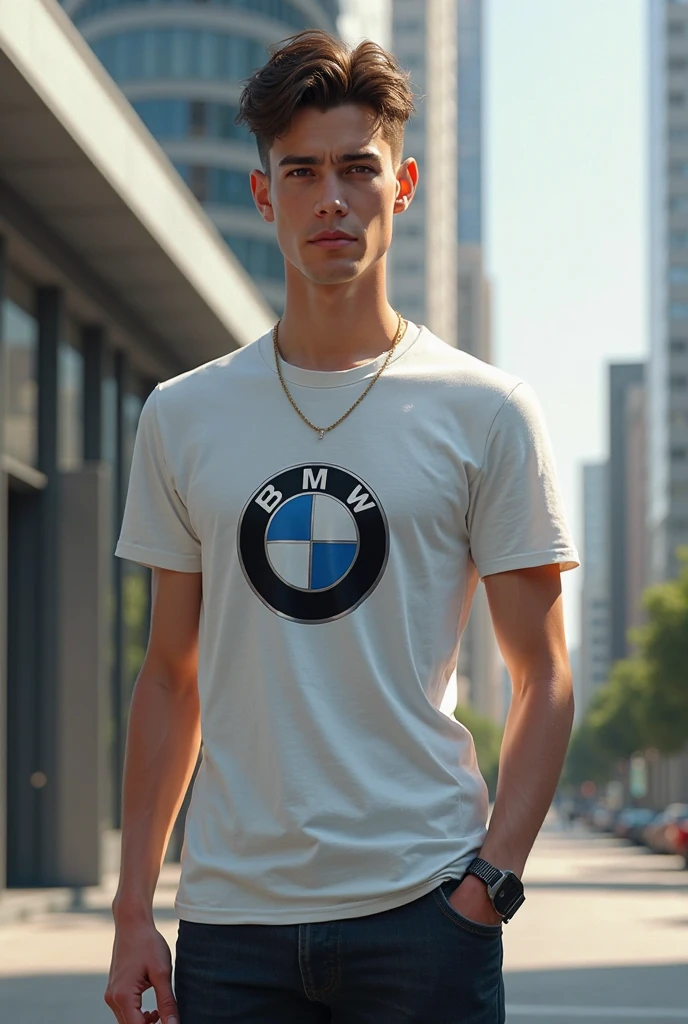 a model, wearing a black insider t-shirt and white pants and white sneakers, posing in front of a BMW sedan, masculine face, face with a defined jaw and wide chin, full and well-groomed beard. 4k, realistic, cinematic