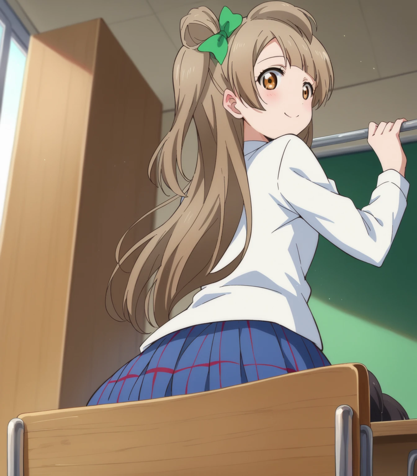 ((masterpiece,Highest quality)), High resolution, cute, eyelash, Upper Body, smile, Leaning forward, Put your finger on your lips, One girl, alone, Long Hair, chest, View your viewers, smile, One Girl, alone, (indoor, office, living room),
kishinami \(Fleet Collection\), Ahoge, Brown Hair, short hair, Wavy Hair, Yellow Eyes, Blunt bangs, 小さいchest,
, Grey pantyhose, Long sleeve, Pleated dress, Purple Dress, school uniform, Seamed legwear, White shirt, Halter neck, boots, whole body, Are standing,((panties)), Skirt Lift
