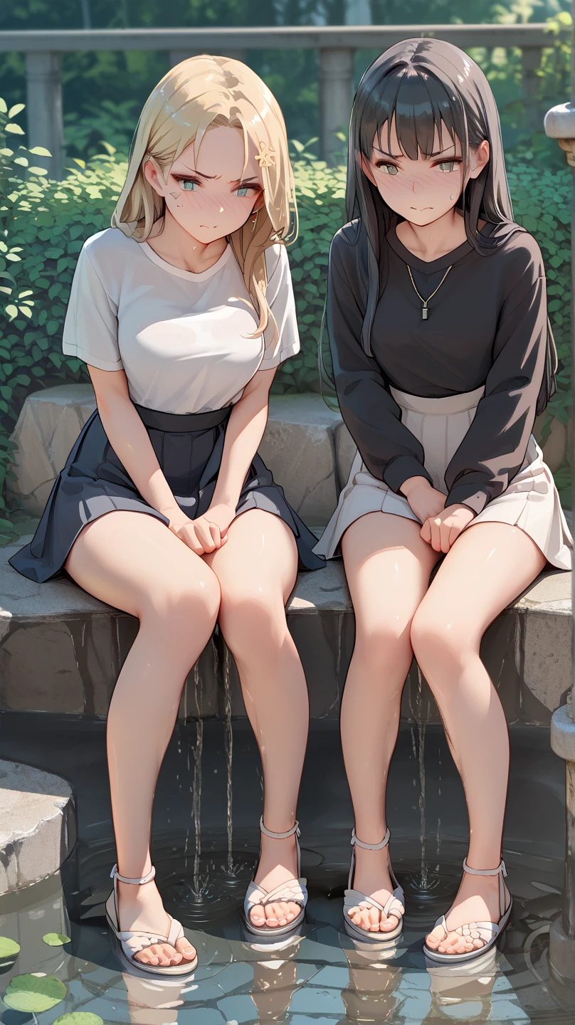 Three happy girls were sitting on the stone steps, Take a full body photo、Laughing happily、She was wearing a white blouse, Vans Sneakers, Red checked skirt、White sneakers, Black Hair, detached houses, Flowers,Happy girl with round face, Big eyes, Long eyelashes, Full-body display、Detailed Private Parts、Hairless、Detailed female genitalia、Spread your legs、From directly below、I see your white pants