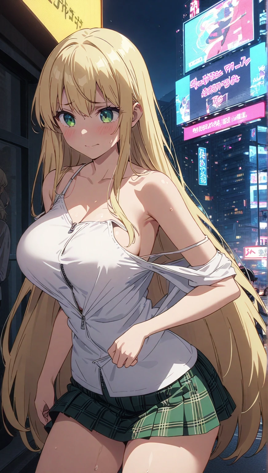 (masterpiece:1.37), best quality, (extremely detailed:1.37), woman, (mature:1.5), adult, large breasts, very long hair, (straight hair:1.5), blonde hair, blue eyes, (extremely detailed eyes:1.37), crop top, cleavage, navel, jeans, open fly, (groin:1.25), desperation, (wetting: self 3.0), standing, city, futuristic, neon lighting, high-tech, street