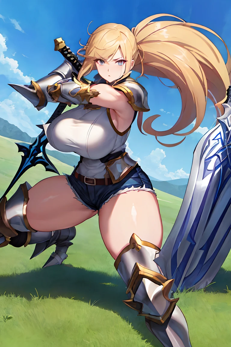Ultra-high definition image quality、beautiful girl、Female Swordsman、Light armor、Greeboots、Long Hair、blonde、20-year-old、intimidating face、Very short tight skirt、Cowgirl、wilderness、Highest quality,Big Ass、Big Breasts、Thighs、Holy Sword Excalibur、Black panties、Jump by kicking off with your feet